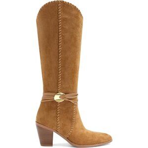 Women's Brown Suede Cowboy Pointed Toe Knee High Chunky Stylish Comfortable Heel